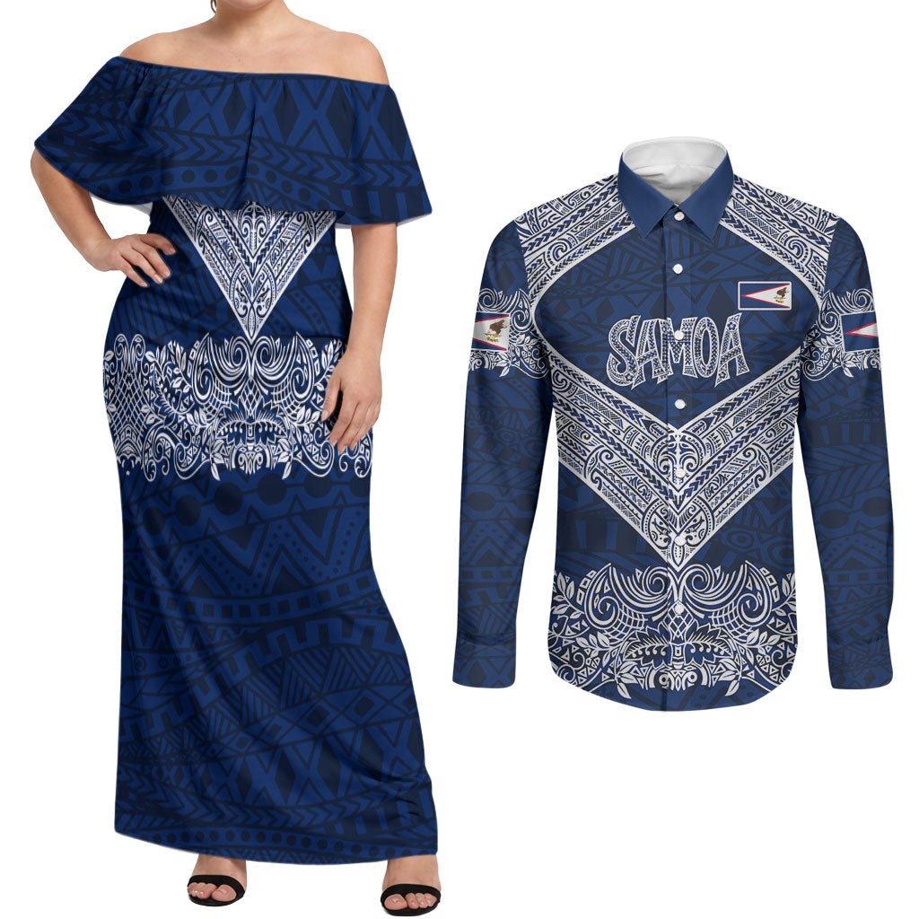 American Samoa Eagle Couples Matching Off Shoulder Maxi Dress and Long Sleeve Button Shirt Sea Turtle Traditional Polynesian Tribal Tattoo
