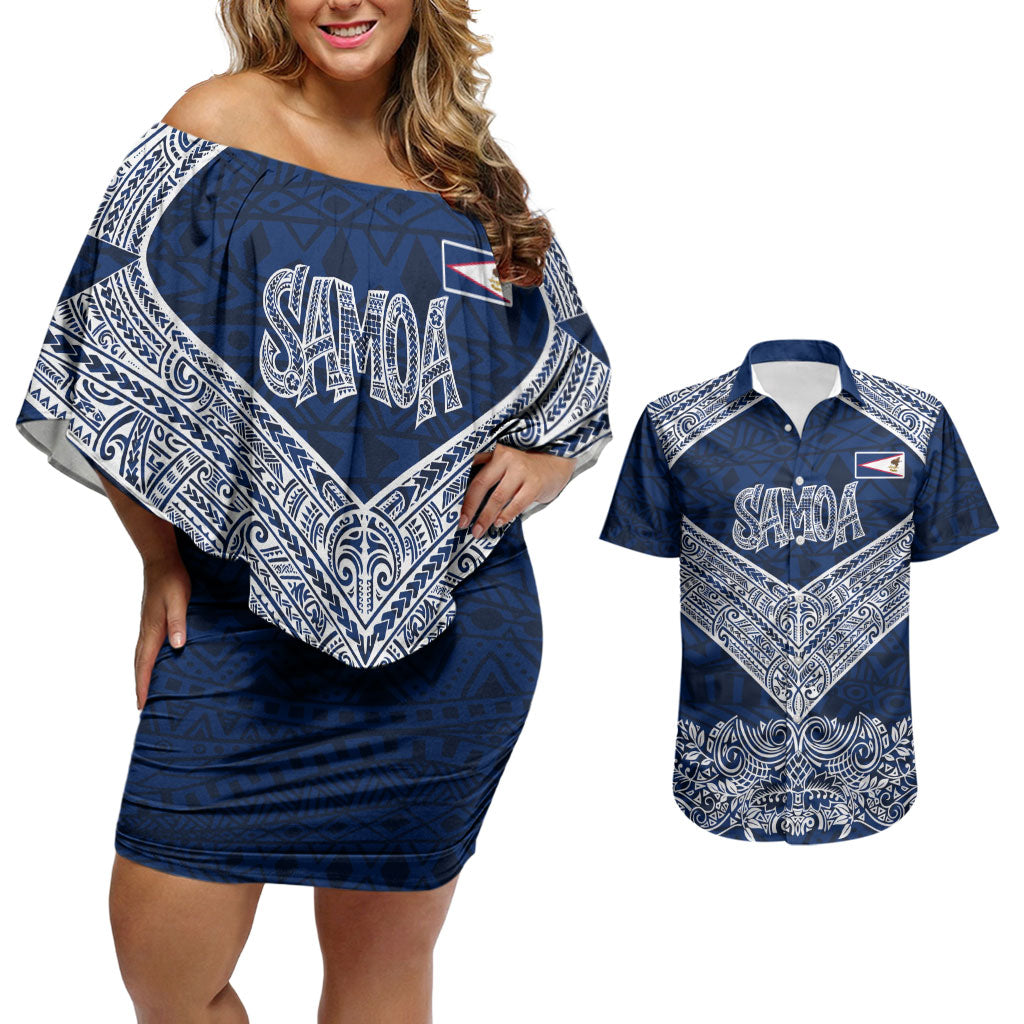 American Samoa Eagle Couples Matching Off Shoulder Short Dress and Hawaiian Shirt Sea Turtle Traditional Polynesian Tribal Tattoo TS04 Blue White - Polynesian Pride