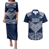 American Samoa Eagle Couples Matching Puletasi and Hawaiian Shirt Sea Turtle Traditional Polynesian Tribal Tattoo