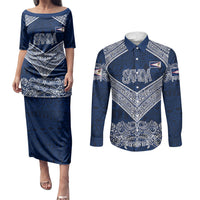 American Samoa Eagle Couples Matching Puletasi and Long Sleeve Button Shirt Sea Turtle Traditional Polynesian Tribal Tattoo