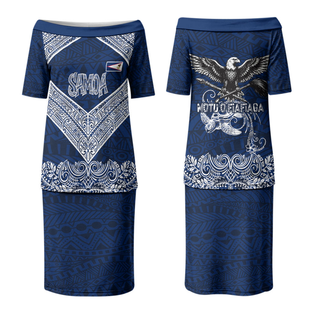American Samoa Eagle Couples Matching Puletasi and Long Sleeve Button Shirt Sea Turtle Traditional Polynesian Tribal Tattoo