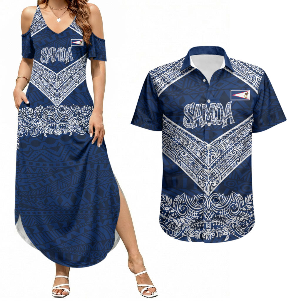American Samoa Eagle Couples Matching Summer Maxi Dress and Hawaiian Shirt Sea Turtle Traditional Polynesian Tribal Tattoo TS04 Blue White - Polynesian Pride