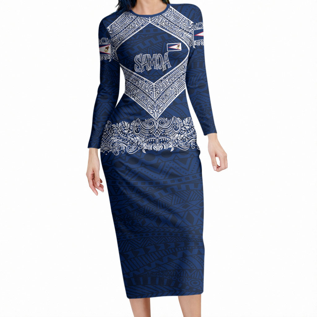 American Samoa Eagle Long Sleeve Bodycon Dress Sea Turtle Traditional Polynesian Tribal Tattoo
