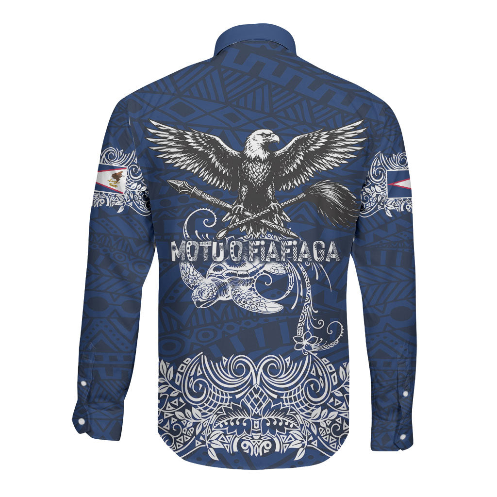 American Samoa Eagle Long Sleeve Button Shirt Sea Turtle Traditional Polynesian Tribal Tattoo