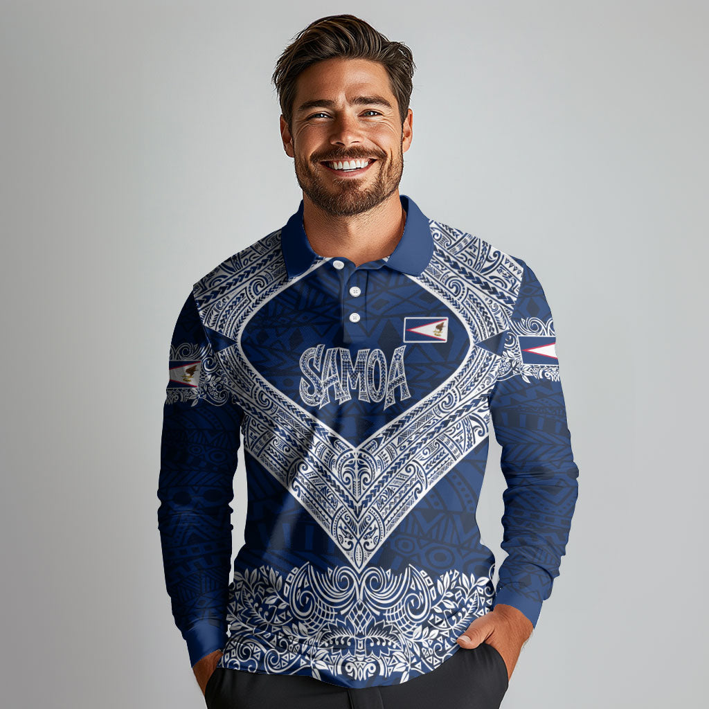 American Samoa Eagle Long Sleeve Polo Shirt Sea Turtle Traditional Polynesian Tribal Tattoo