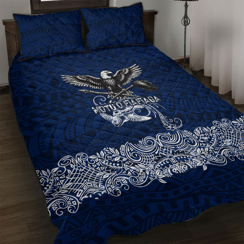 American Samoa Eagle Quilt Bed Set Sea Turtle Traditional Polynesian Tribal Tattoo TS04 Blue White - Polynesian Pride