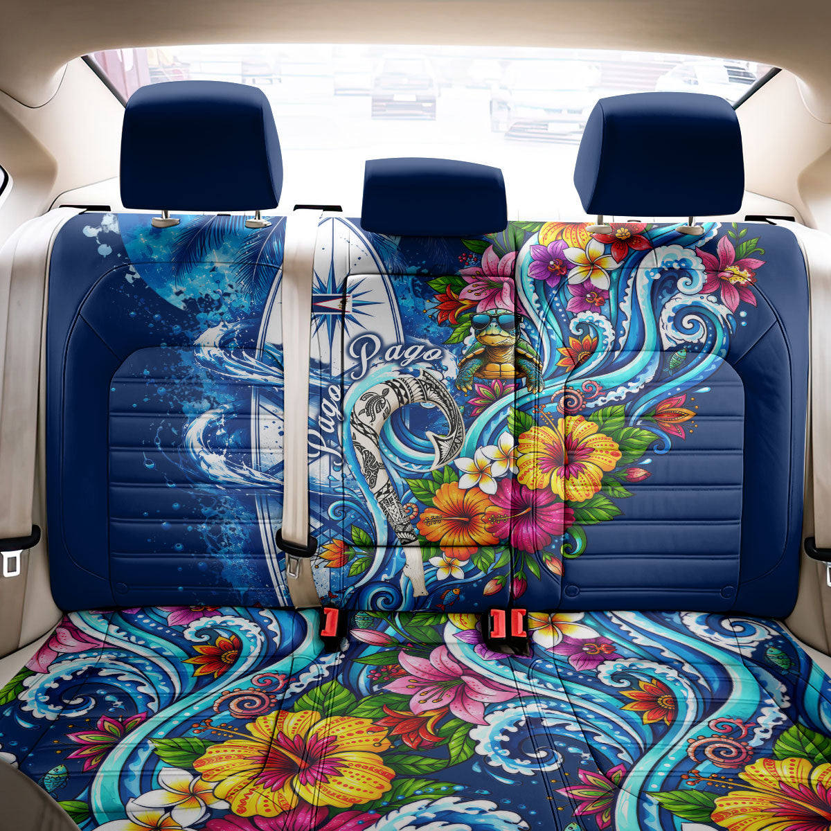 American Samoa Pago Pago Back Car Seat Cover Sea Turtle And Fruit Bat - Tropical Hibiscus Flowers Polynesian