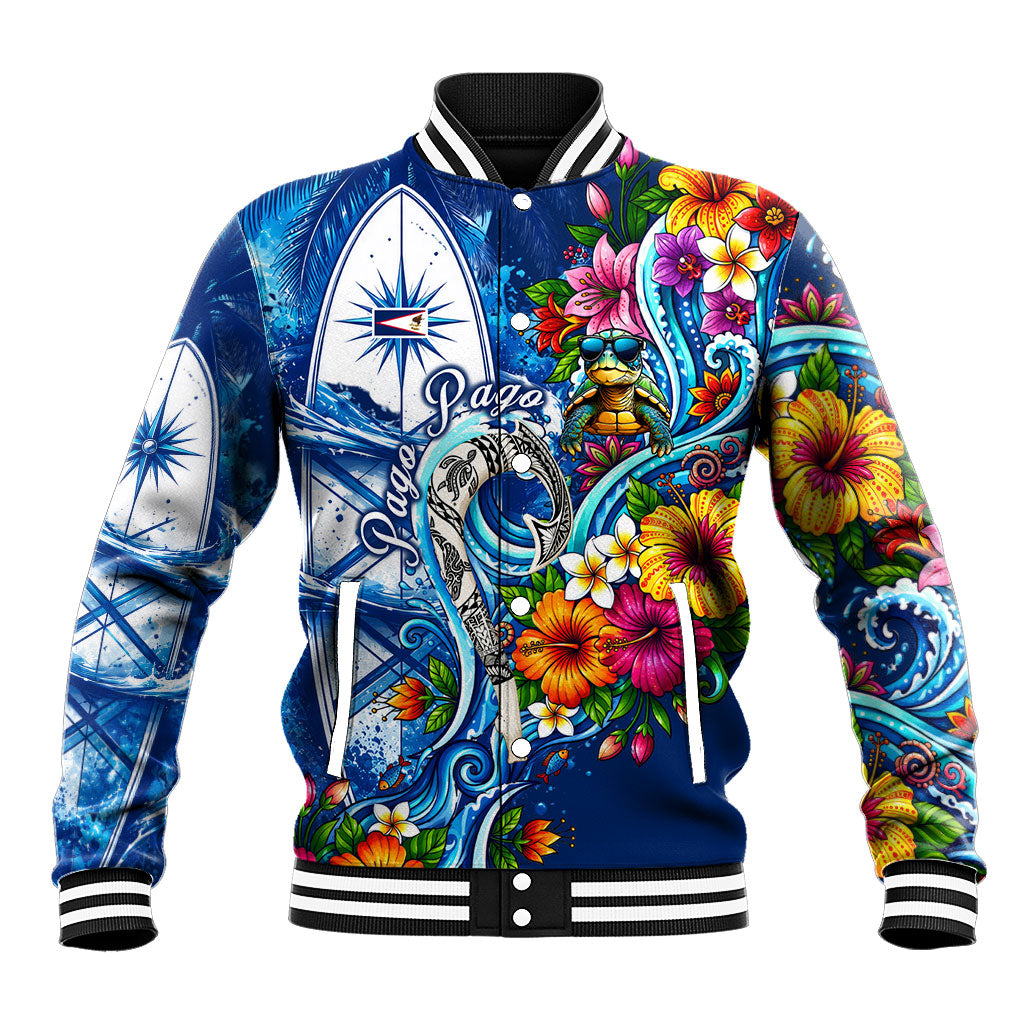 American Samoa Pago Pago Baseball Jacket Sea Turtle And Fruit Bat - Tropical Hibiscus Flowers Polynesian