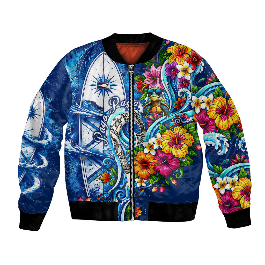 American Samoa Pago Pago Bomber Jacket Sea Turtle And Fruit Bat - Tropical Hibiscus Flowers Polynesian