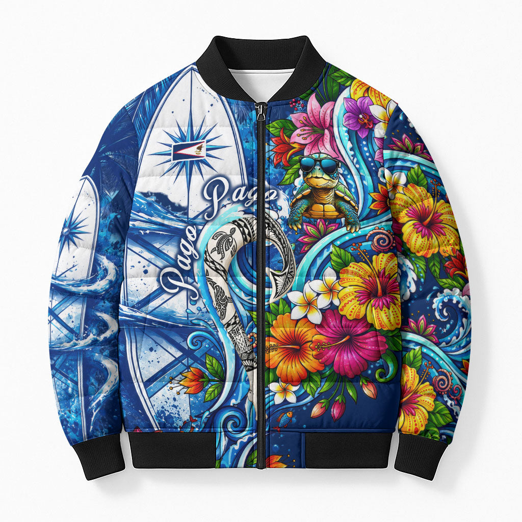 American Samoa Pago Pago Bomber Puffer Jacket Sea Turtle And Fruit Bat - Tropical Hibiscus Flowers Polynesian