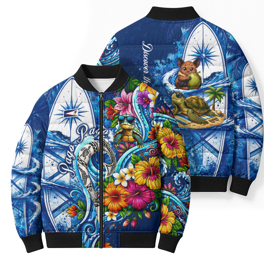 American Samoa Pago Pago Bomber Puffer Jacket Sea Turtle And Fruit Bat - Tropical Hibiscus Flowers Polynesian