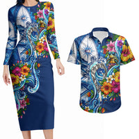 American Samoa Pago Pago Couples Matching Long Sleeve Bodycon Dress and Hawaiian Shirt Sea Turtle And Fruit Bat - Tropical Hibiscus Flowers Polynesian