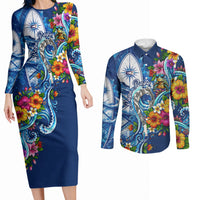 American Samoa Pago Pago Couples Matching Long Sleeve Bodycon Dress and Long Sleeve Button Shirt Sea Turtle And Fruit Bat - Tropical Hibiscus Flowers Polynesian