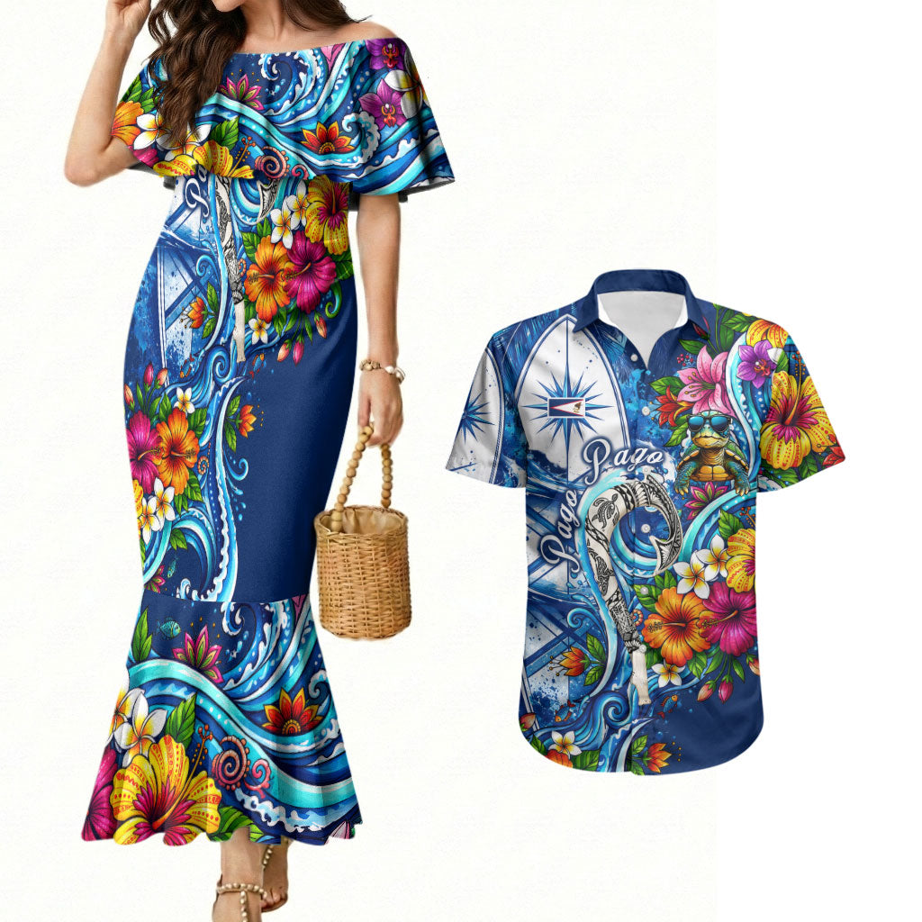 American Samoa Pago Pago Couples Matching Mermaid Dress and Hawaiian Shirt Sea Turtle And Fruit Bat - Tropical Hibiscus Flowers Polynesian