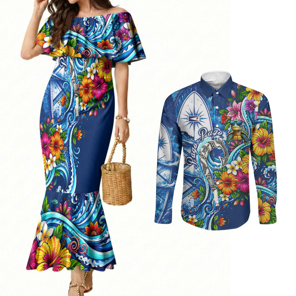 American Samoa Pago Pago Couples Matching Mermaid Dress and Long Sleeve Button Shirt Sea Turtle And Fruit Bat - Tropical Hibiscus Flowers Polynesian