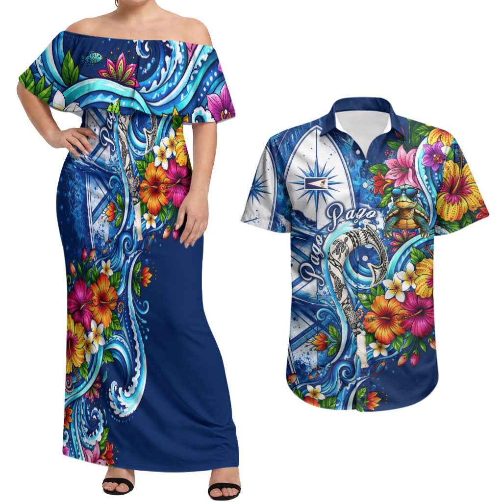 American Samoa Pago Pago Couples Matching Off Shoulder Maxi Dress and Hawaiian Shirt Sea Turtle And Fruit Bat - Tropical Hibiscus Flowers Polynesian