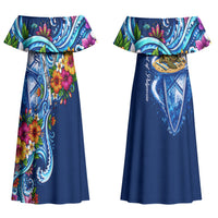 American Samoa Pago Pago Couples Matching Off Shoulder Maxi Dress and Hawaiian Shirt Sea Turtle And Fruit Bat - Tropical Hibiscus Flowers Polynesian