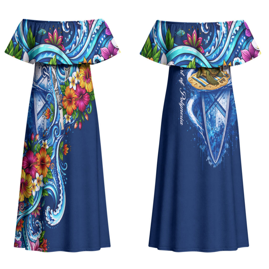 American Samoa Pago Pago Couples Matching Off Shoulder Maxi Dress and Long Sleeve Button Shirt Sea Turtle And Fruit Bat - Tropical Hibiscus Flowers Polynesian