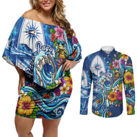 American Samoa Pago Pago Couples Matching Off Shoulder Short Dress and Long Sleeve Button Shirt Sea Turtle And Fruit Bat - Tropical Hibiscus Flowers Polynesian
