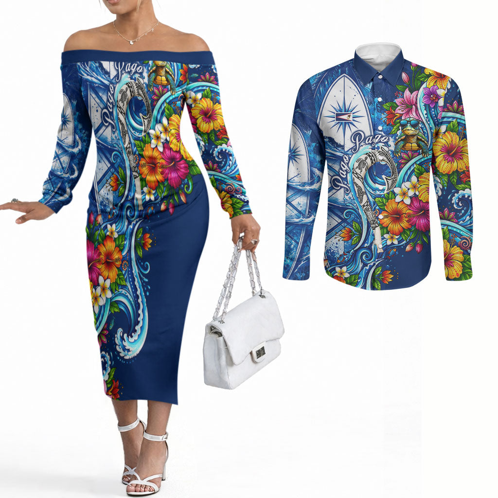 American Samoa Pago Pago Couples Matching Off The Shoulder Long Sleeve Dress and Long Sleeve Button Shirt Sea Turtle And Fruit Bat - Tropical Hibiscus Flowers Polynesian