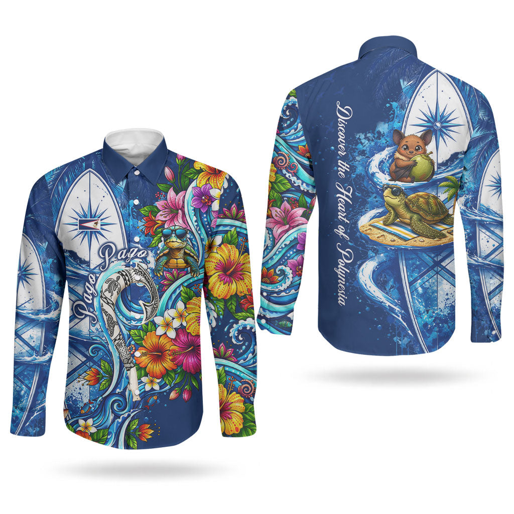 American Samoa Pago Pago Couples Matching Off The Shoulder Long Sleeve Dress and Long Sleeve Button Shirt Sea Turtle And Fruit Bat - Tropical Hibiscus Flowers Polynesian