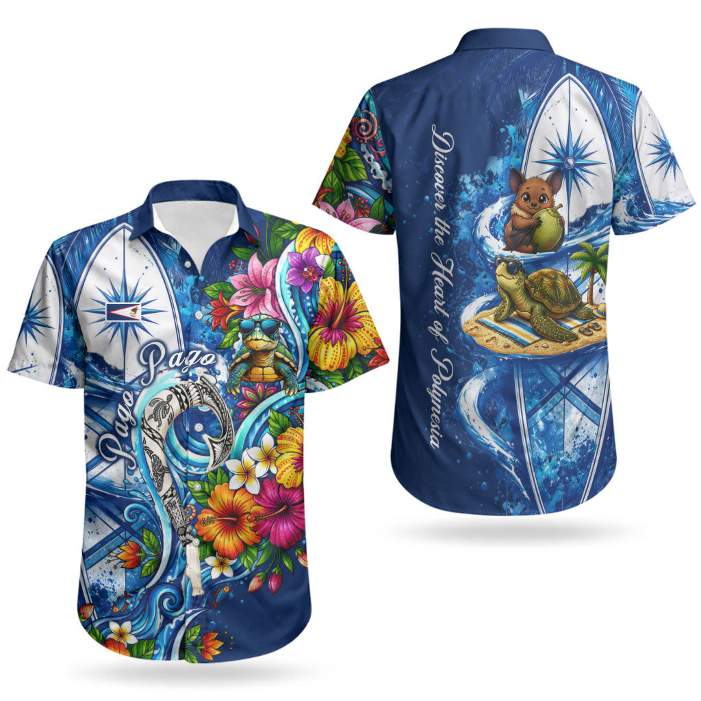 American Samoa Pago Pago Couples Matching Puletasi and Hawaiian Shirt Sea Turtle And Fruit Bat - Tropical Hibiscus Flowers Polynesian