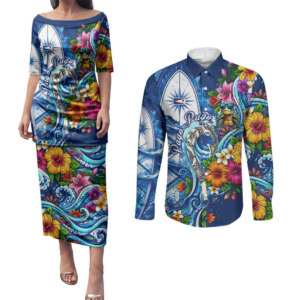 American Samoa Pago Pago Couples Matching Puletasi and Long Sleeve Button Shirt Sea Turtle And Fruit Bat - Tropical Hibiscus Flowers Polynesian