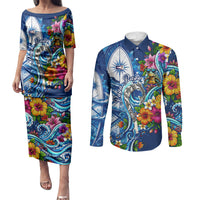American Samoa Pago Pago Couples Matching Puletasi and Long Sleeve Button Shirt Sea Turtle And Fruit Bat - Tropical Hibiscus Flowers Polynesian