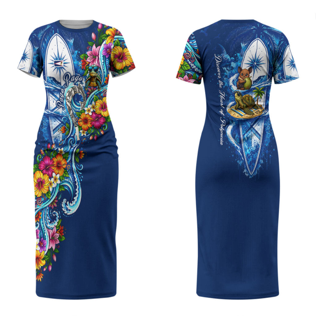 American Samoa Pago Pago Couples Matching Short Sleeve Bodycon Dress and Hawaiian Shirt Sea Turtle And Fruit Bat - Tropical Hibiscus Flowers Polynesian