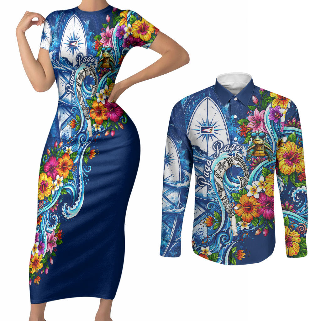 American Samoa Pago Pago Couples Matching Short Sleeve Bodycon Dress and Long Sleeve Button Shirt Sea Turtle And Fruit Bat - Tropical Hibiscus Flowers Polynesian