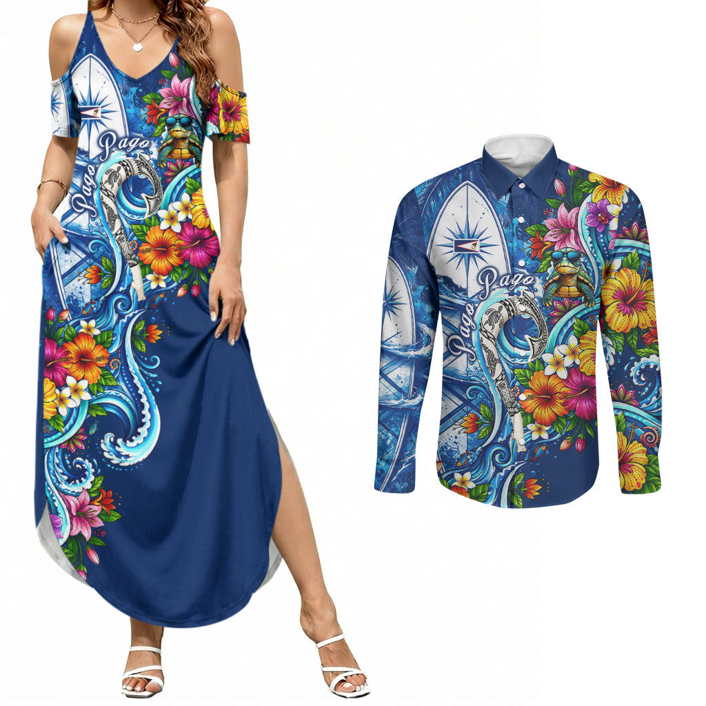 American Samoa Pago Pago Couples Matching Summer Maxi Dress and Long Sleeve Button Shirt Sea Turtle And Fruit Bat - Tropical Hibiscus Flowers Polynesian