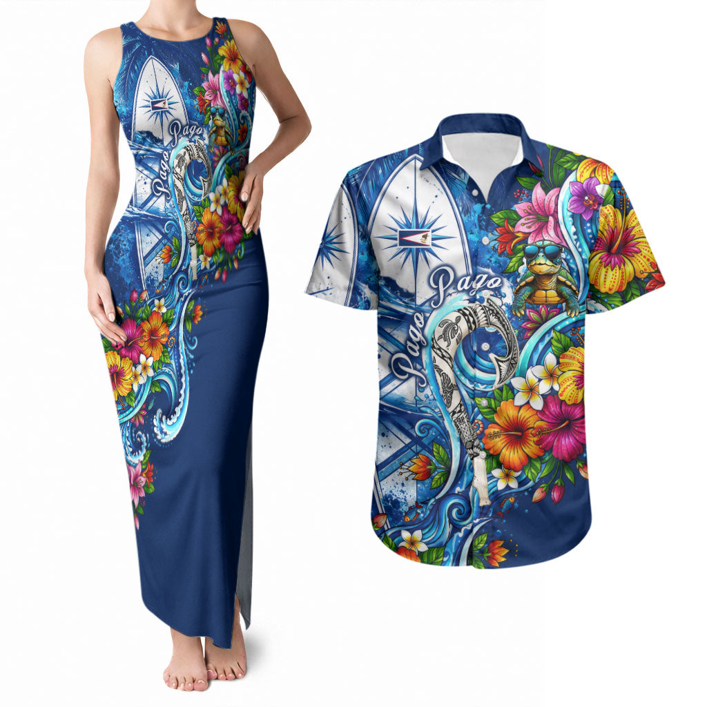 American Samoa Pago Pago Couples Matching Tank Maxi Dress and Hawaiian Shirt Sea Turtle And Fruit Bat - Tropical Hibiscus Flowers Polynesian