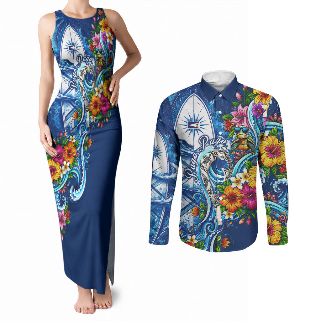 American Samoa Pago Pago Couples Matching Tank Maxi Dress and Long Sleeve Button Shirt Sea Turtle And Fruit Bat - Tropical Hibiscus Flowers Polynesian