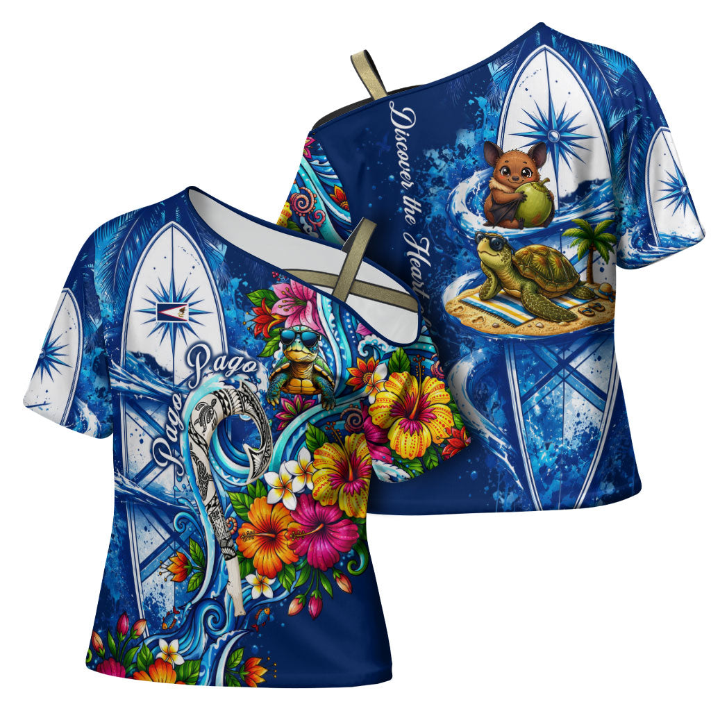 American Samoa Pago Pago Cross Shoulder Shirt Sea Turtle And Fruit Bat - Tropical Hibiscus Flowers Polynesian