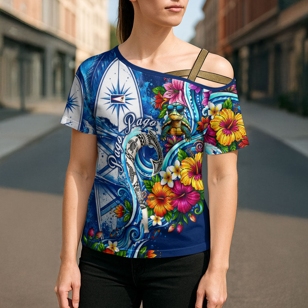 American Samoa Pago Pago Cross Shoulder Shirt Sea Turtle And Fruit Bat - Tropical Hibiscus Flowers Polynesian