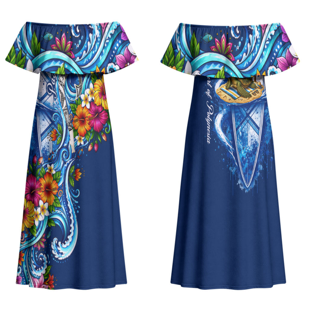 American Samoa Pago Pago Family Matching Off Shoulder Maxi Dress and Hawaiian Shirt Sea Turtle And Fruit Bat - Tropical Hibiscus Flowers Polynesian
