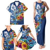 American Samoa Pago Pago Family Matching Tank Maxi Dress and Hawaiian Shirt Sea Turtle And Fruit Bat - Tropical Hibiscus Flowers Polynesian