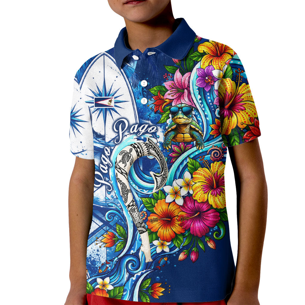 American Samoa Pago Pago Kid Polo Shirt Sea Turtle And Fruit Bat - Tropical Hibiscus Flowers Polynesian