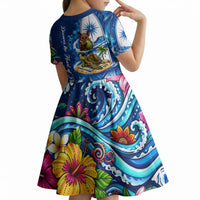 American Samoa Pago Pago Kid Short Sleeve Dress Sea Turtle And Fruit Bat - Tropical Hibiscus Flowers Polynesian