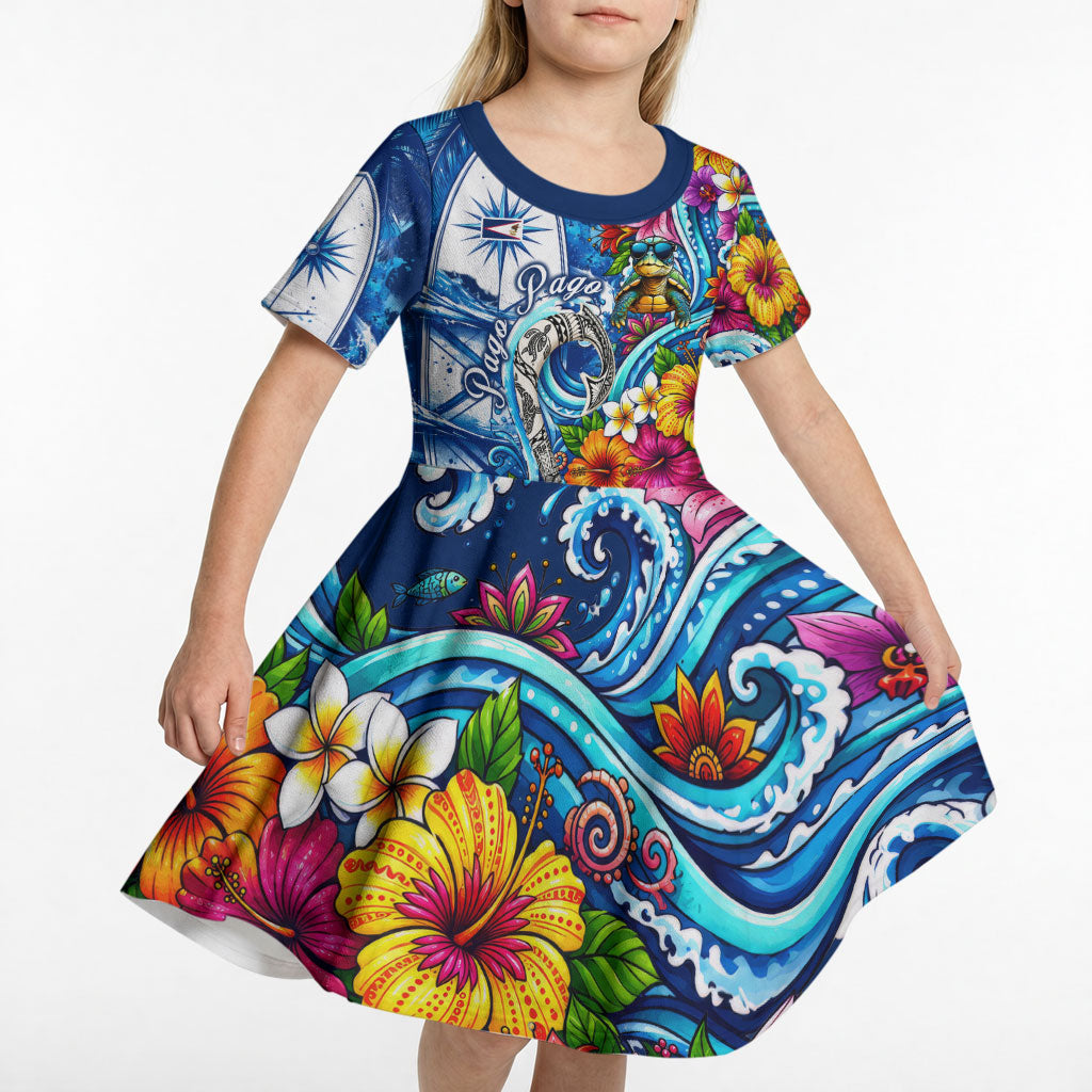 American Samoa Pago Pago Kid Short Sleeve Dress Sea Turtle And Fruit Bat - Tropical Hibiscus Flowers Polynesian