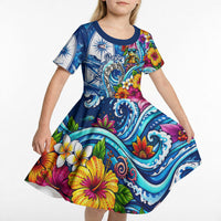 American Samoa Pago Pago Kid Short Sleeve Dress Sea Turtle And Fruit Bat - Tropical Hibiscus Flowers Polynesian