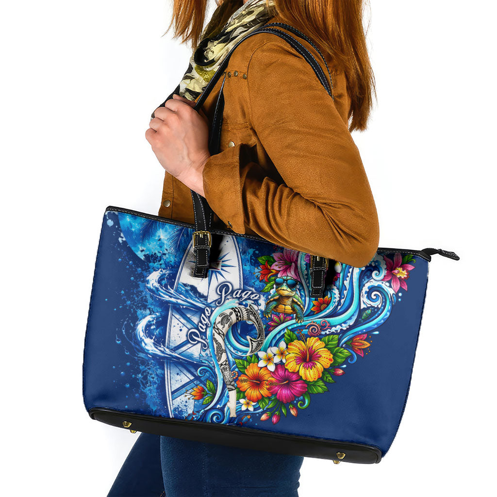 American Samoa Pago Pago Leather Tote Bag Sea Turtle And Fruit Bat - Tropical Hibiscus Flowers Polynesian
