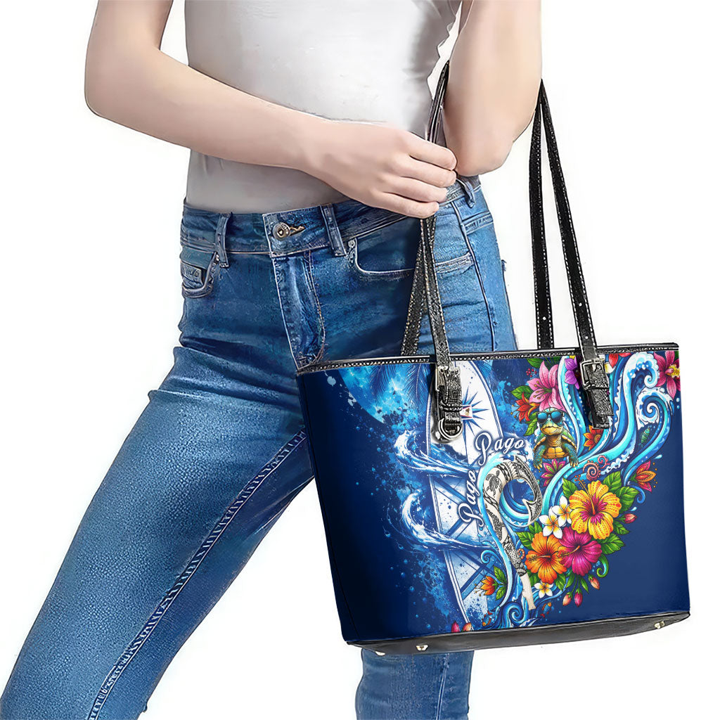 American Samoa Pago Pago Leather Tote Bag Sea Turtle And Fruit Bat - Tropical Hibiscus Flowers Polynesian