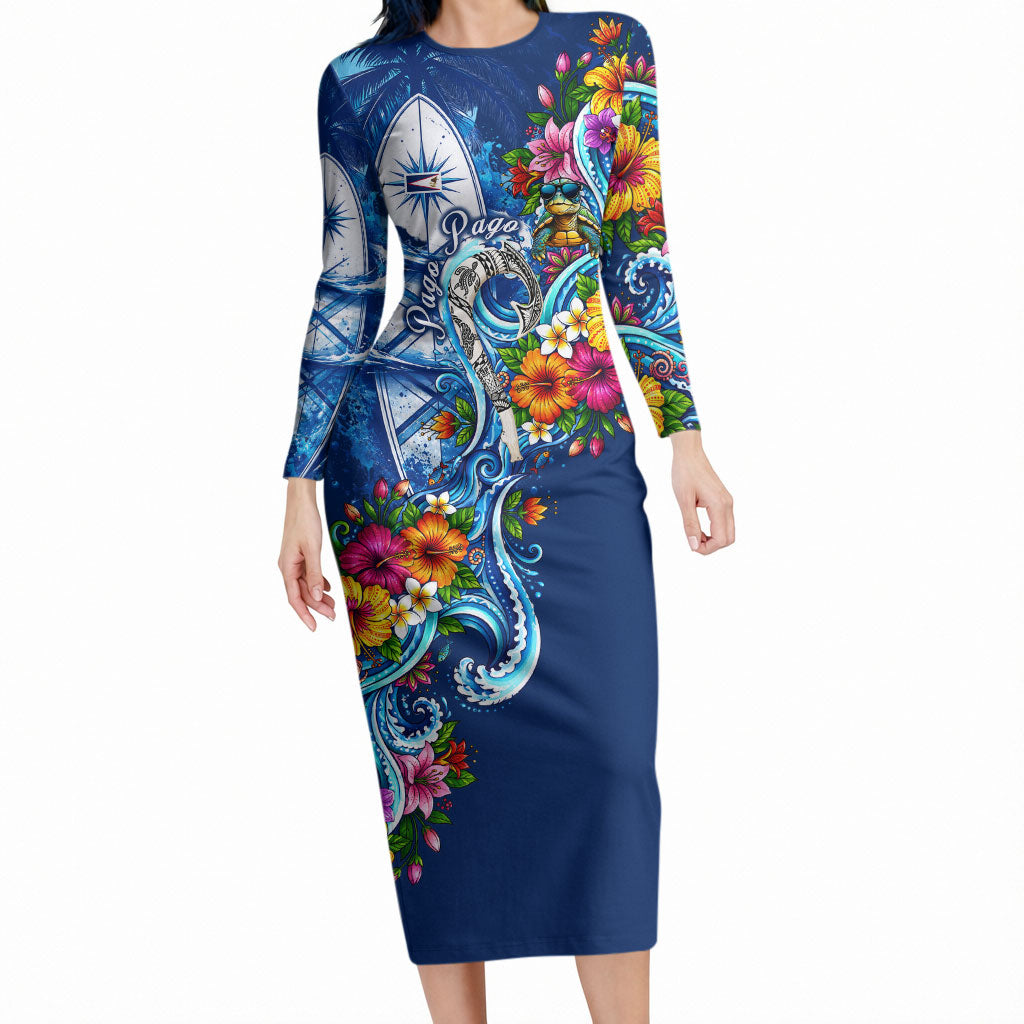 American Samoa Pago Pago Long Sleeve Bodycon Dress Sea Turtle And Fruit Bat - Tropical Hibiscus Flowers Polynesian
