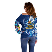 American Samoa Pago Pago Off Shoulder Sweater Sea Turtle And Fruit Bat - Tropical Hibiscus Flowers Polynesian
