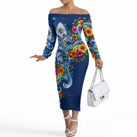 American Samoa Pago Pago Off The Shoulder Long Sleeve Dress Sea Turtle And Fruit Bat - Tropical Hibiscus Flowers Polynesian