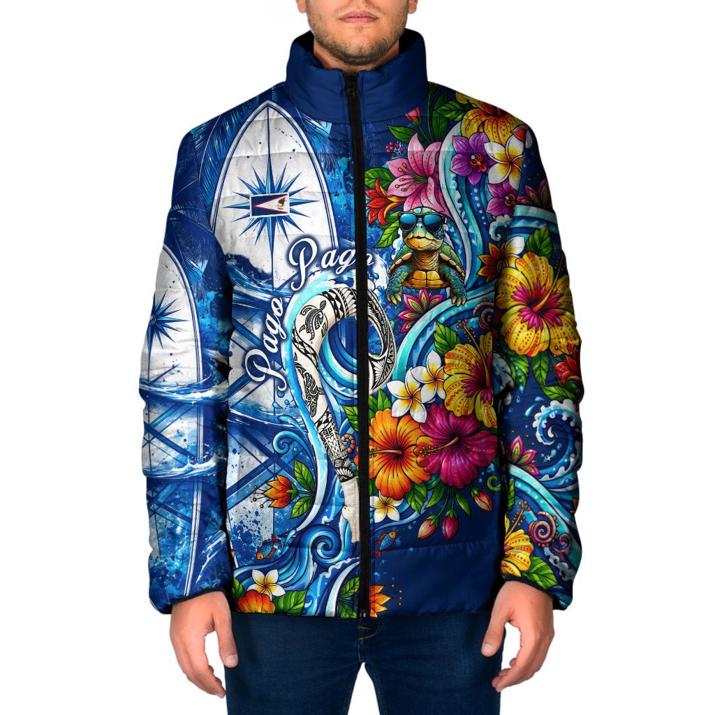 American Samoa Pago Pago Padded Jacket Sea Turtle And Fruit Bat - Tropical Hibiscus Flowers Polynesian