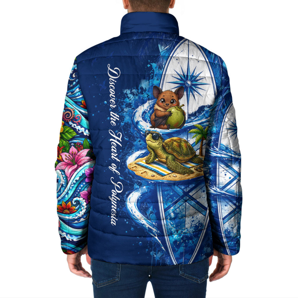 American Samoa Pago Pago Padded Jacket Sea Turtle And Fruit Bat - Tropical Hibiscus Flowers Polynesian