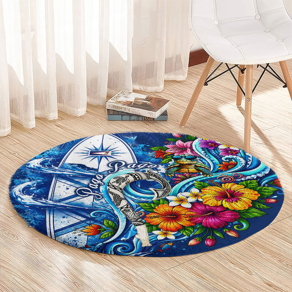 American Samoa Pago Pago Round Carpet Sea Turtle And Fruit Bat - Tropical Hibiscus Flowers Polynesian
