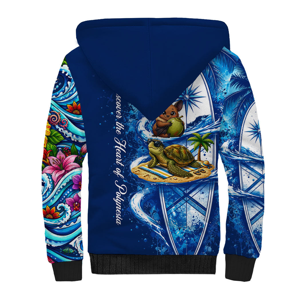 American Samoa Pago Pago Sherpa Hoodie Sea Turtle And Fruit Bat - Tropical Hibiscus Flowers Polynesian